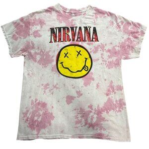 Nirvana T-Shirt Womens L Smiley Graphic Pink Yellow Tie‎ Dye Retro Grunge Band